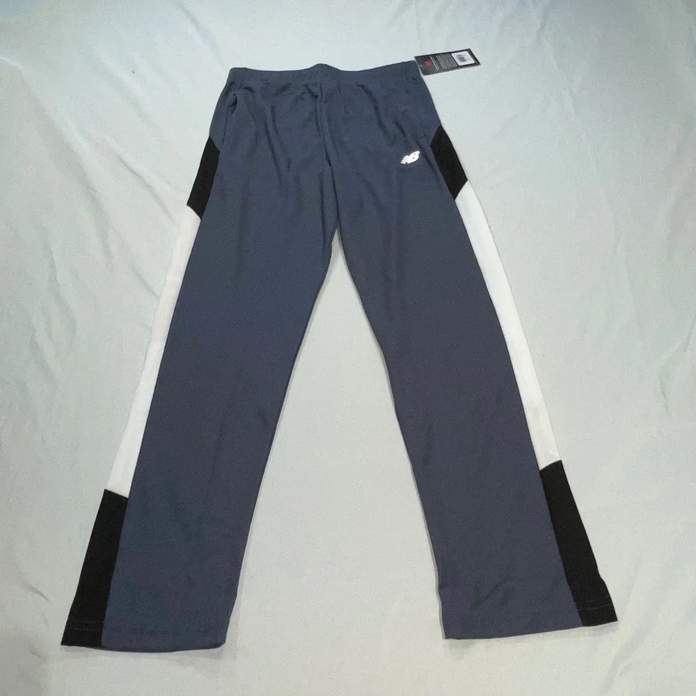 New Balance Kids Gray Blue Track Pants White Black Side Stripe Size M 10/12 NWT